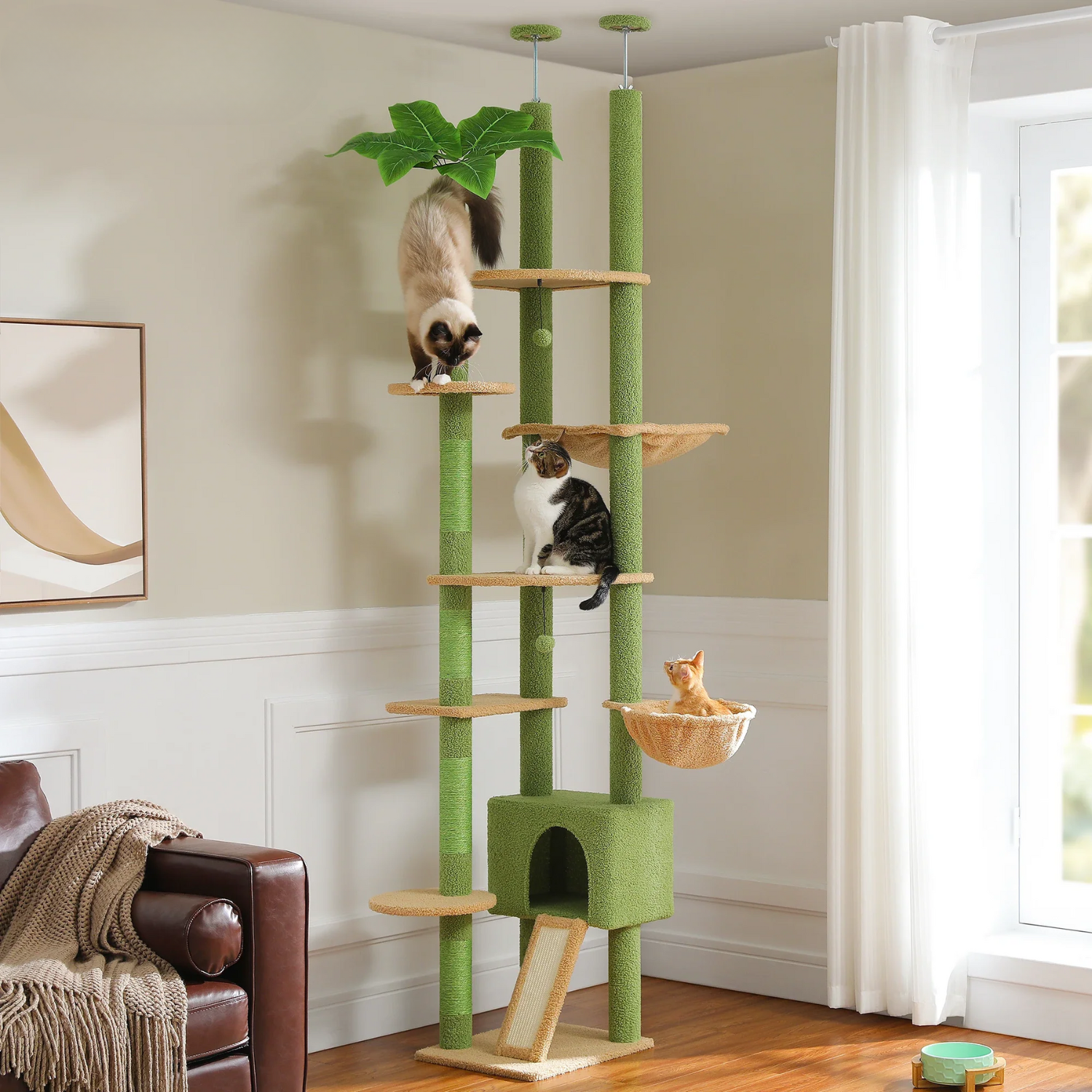 Arbre à chat plafond XXL géant cactus extensible - sans perçage, griffoirs sisal et multi-niveaux