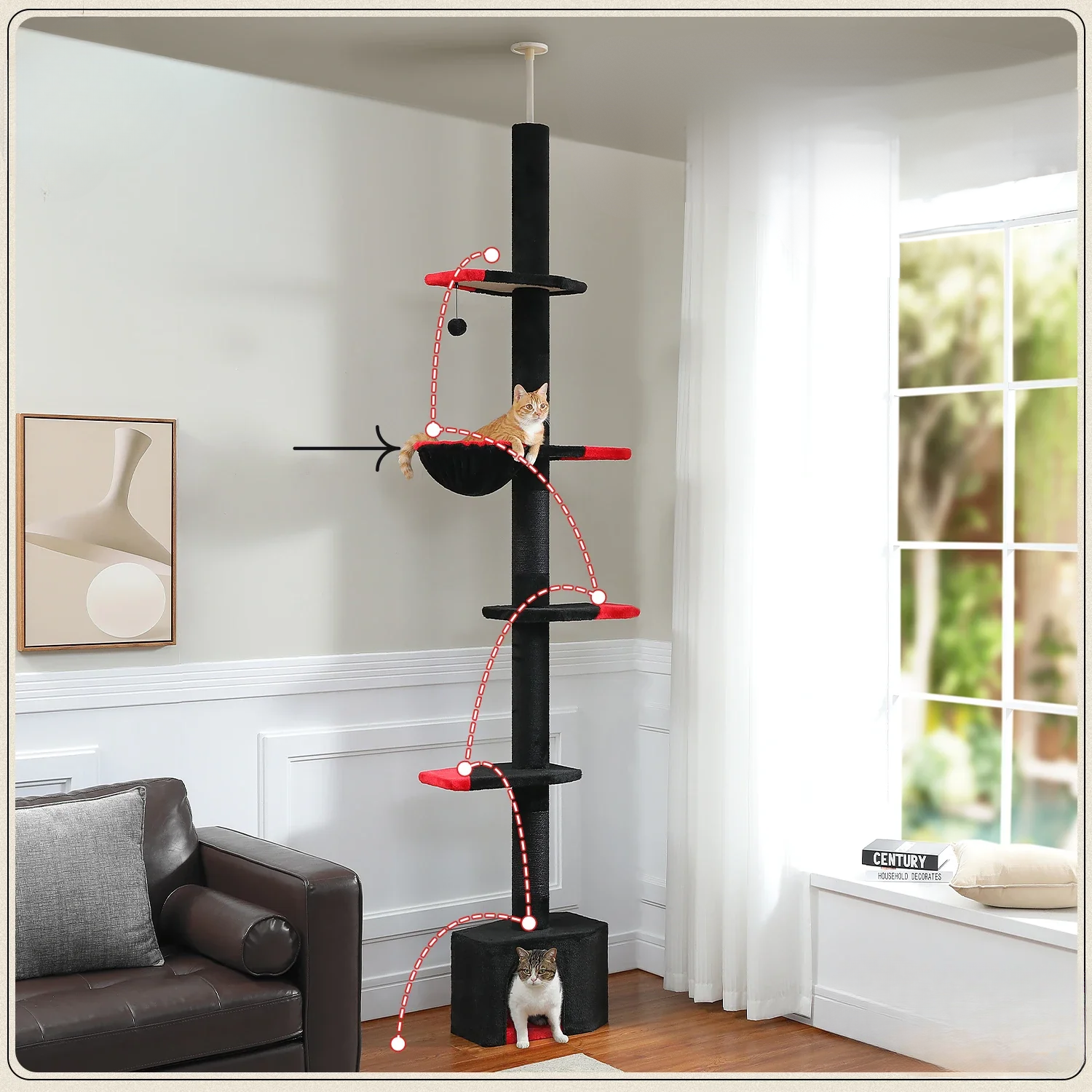 Arbre à chat plafond XXL géant cactus extensible - poteau sisal, 5+ niveaux, fixation sans perçage