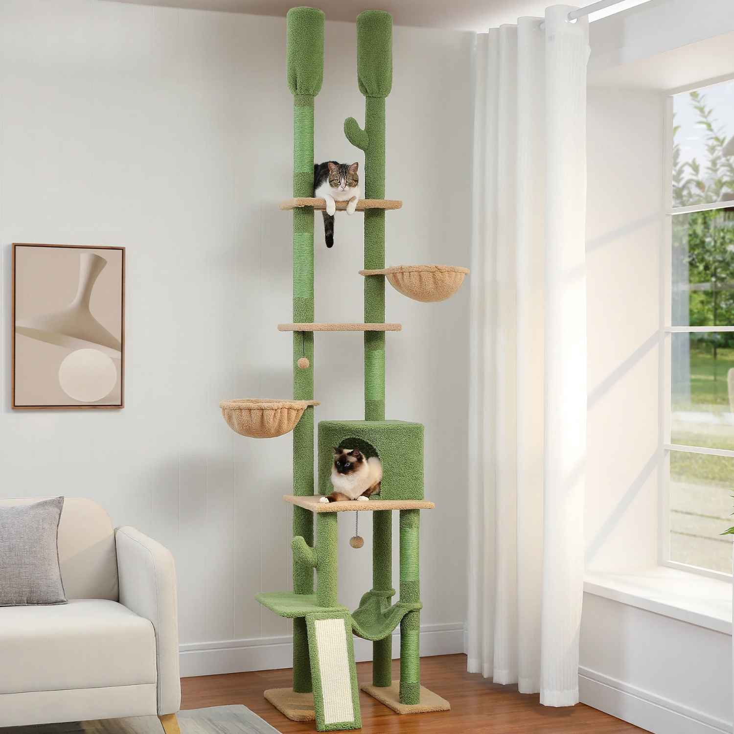 Arbre à chat plafond XXL géant cactus - 7 niveaux, double poteau, sans perçage