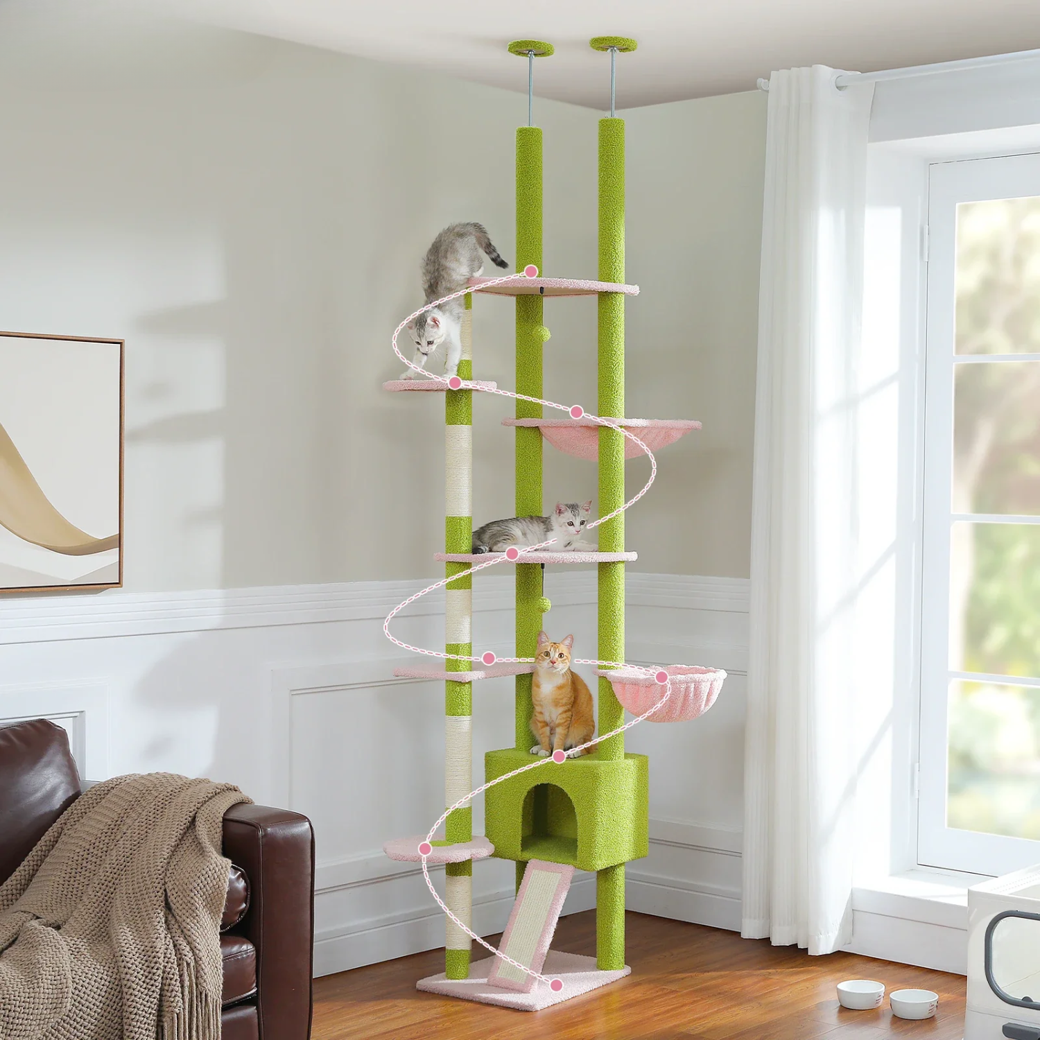 Arbre à chat plafond XXL géant cactus extensible - sans perçage, griffoirs sisal et multi-niveaux