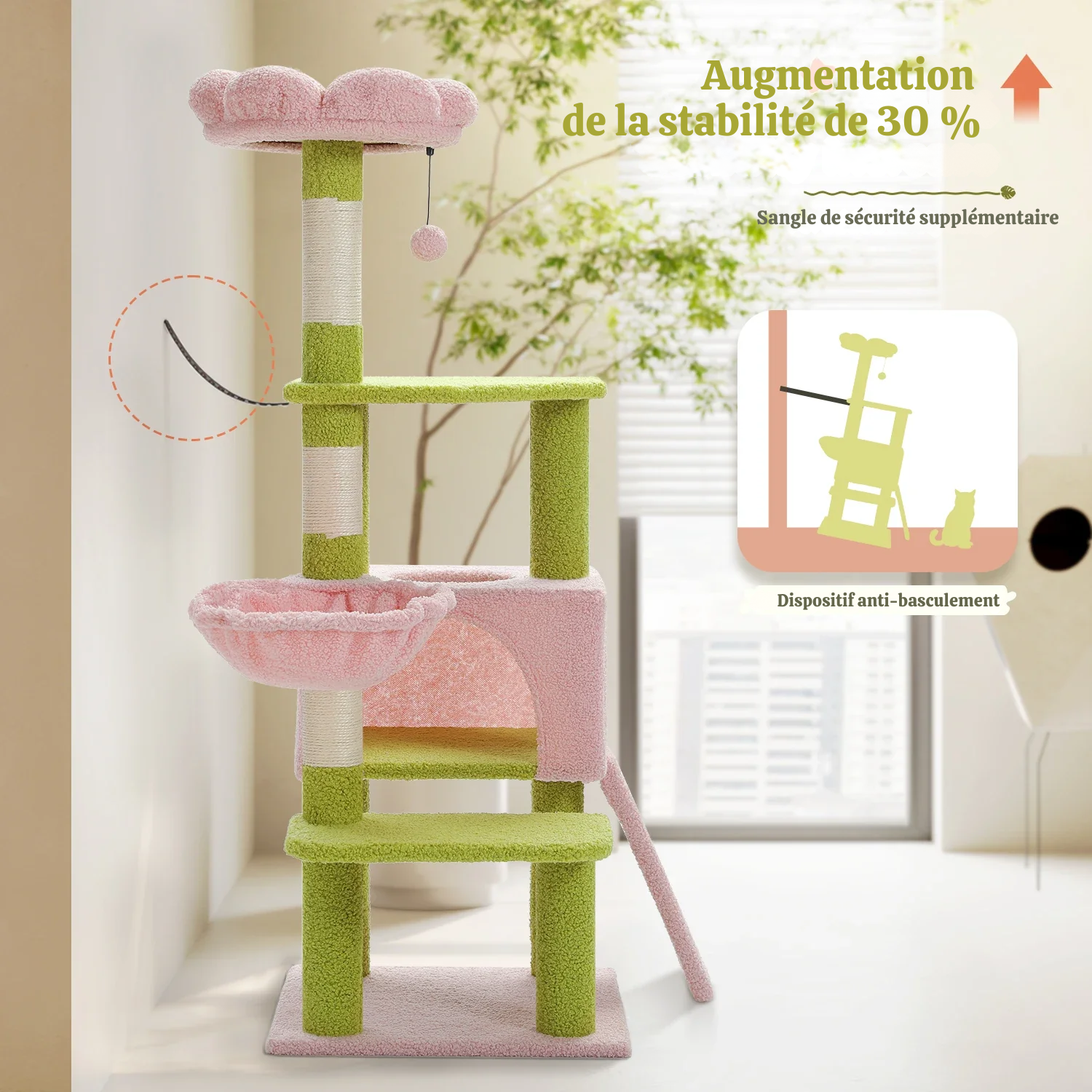 Arbre à chat fleur 5 niveaux - en bois massif, condo douillet et rampe d'accès