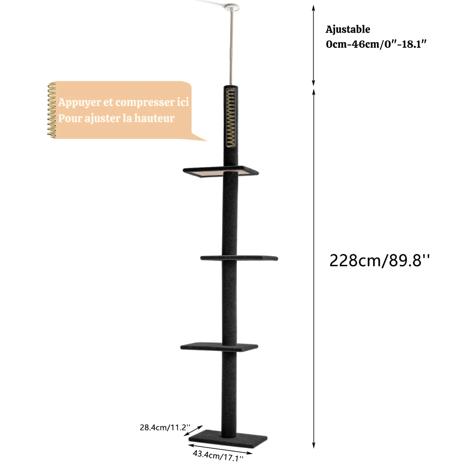 Arbre à chat plafond XXL géant - sans perçage, hamac spacieux et griffoirs sisal naturel