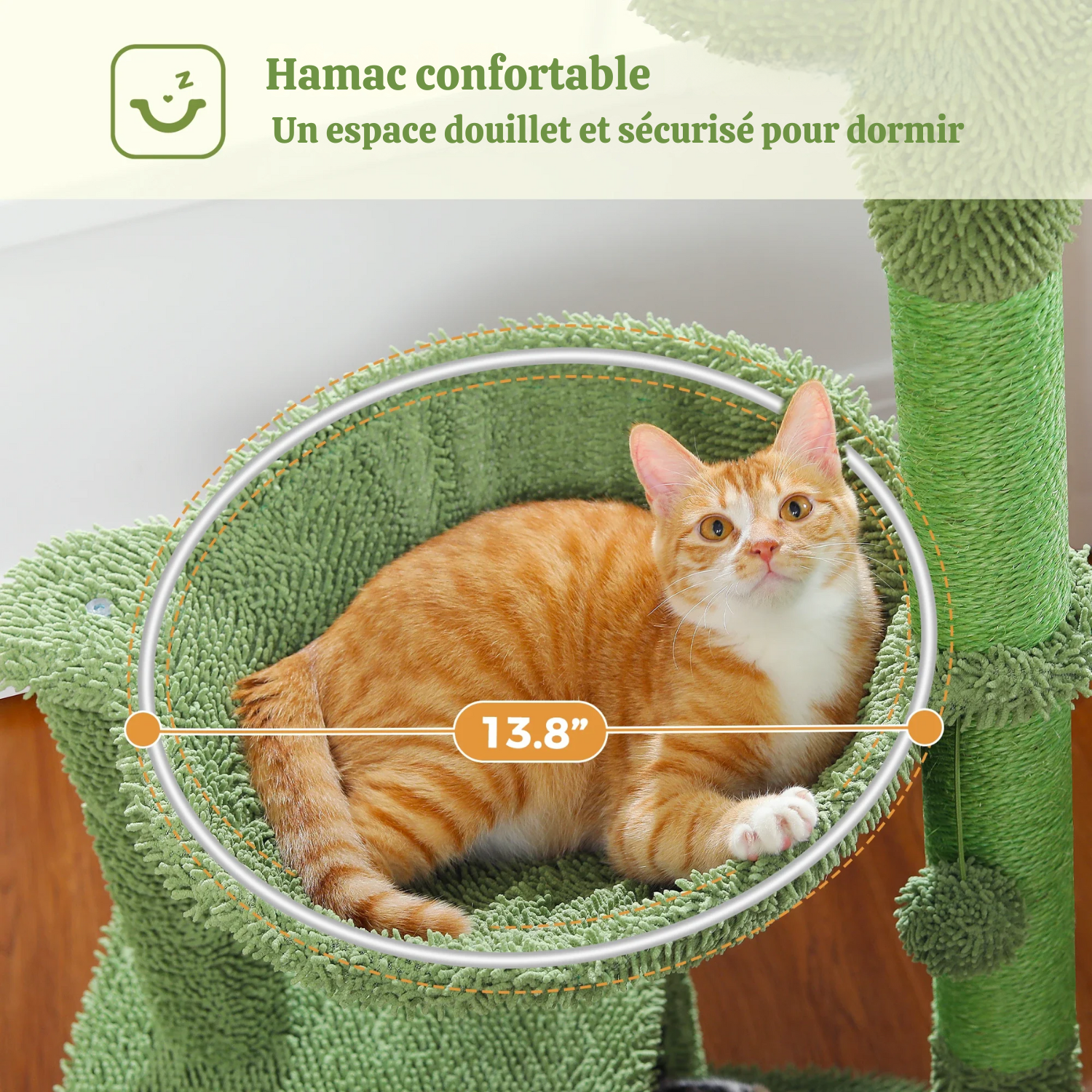 Arbre à chat cactus vert - design original, condo circulaire et hamac métallique
