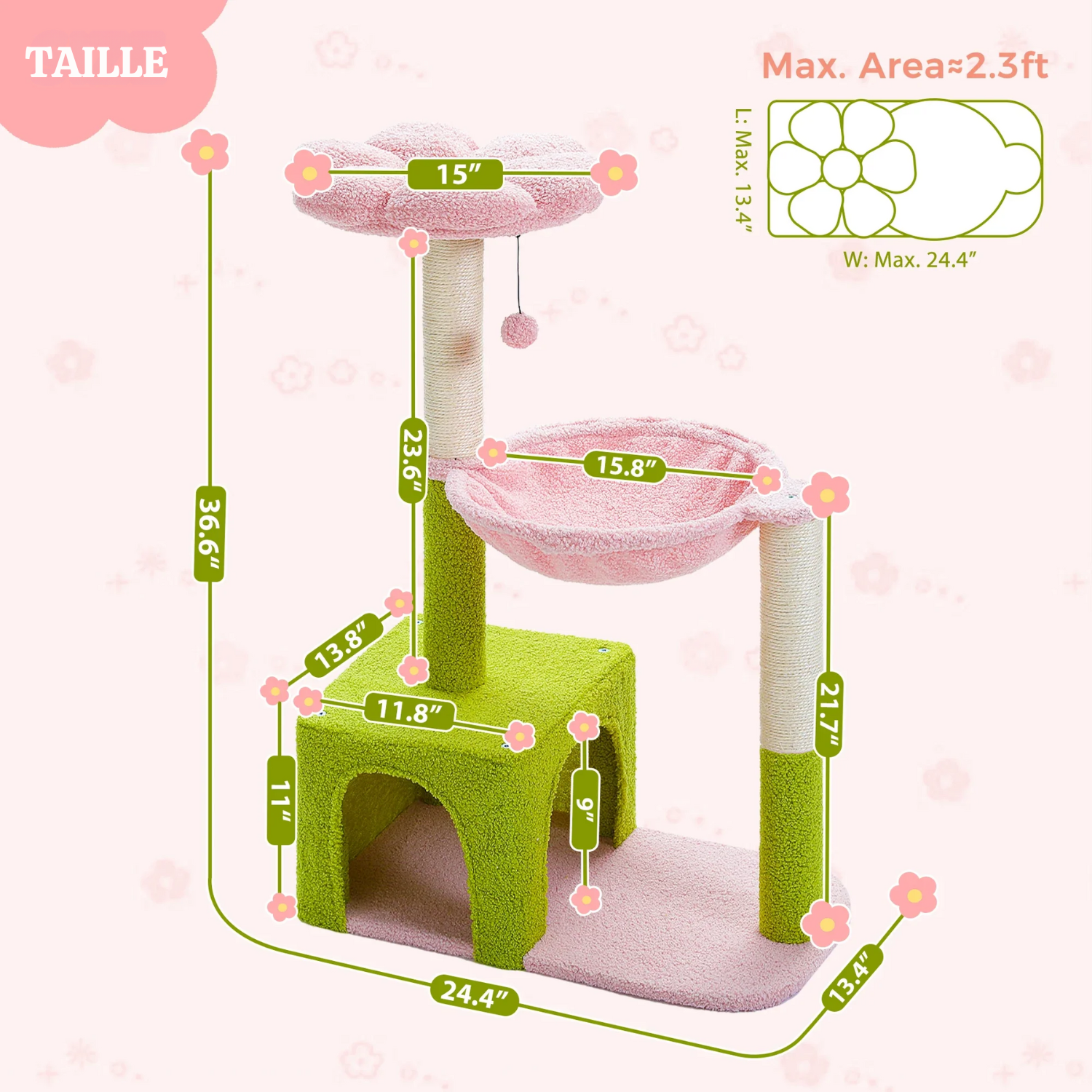 Arbre à chat fleur 89cm - forme de fleur, hamac renforcé et griffoirs sisal