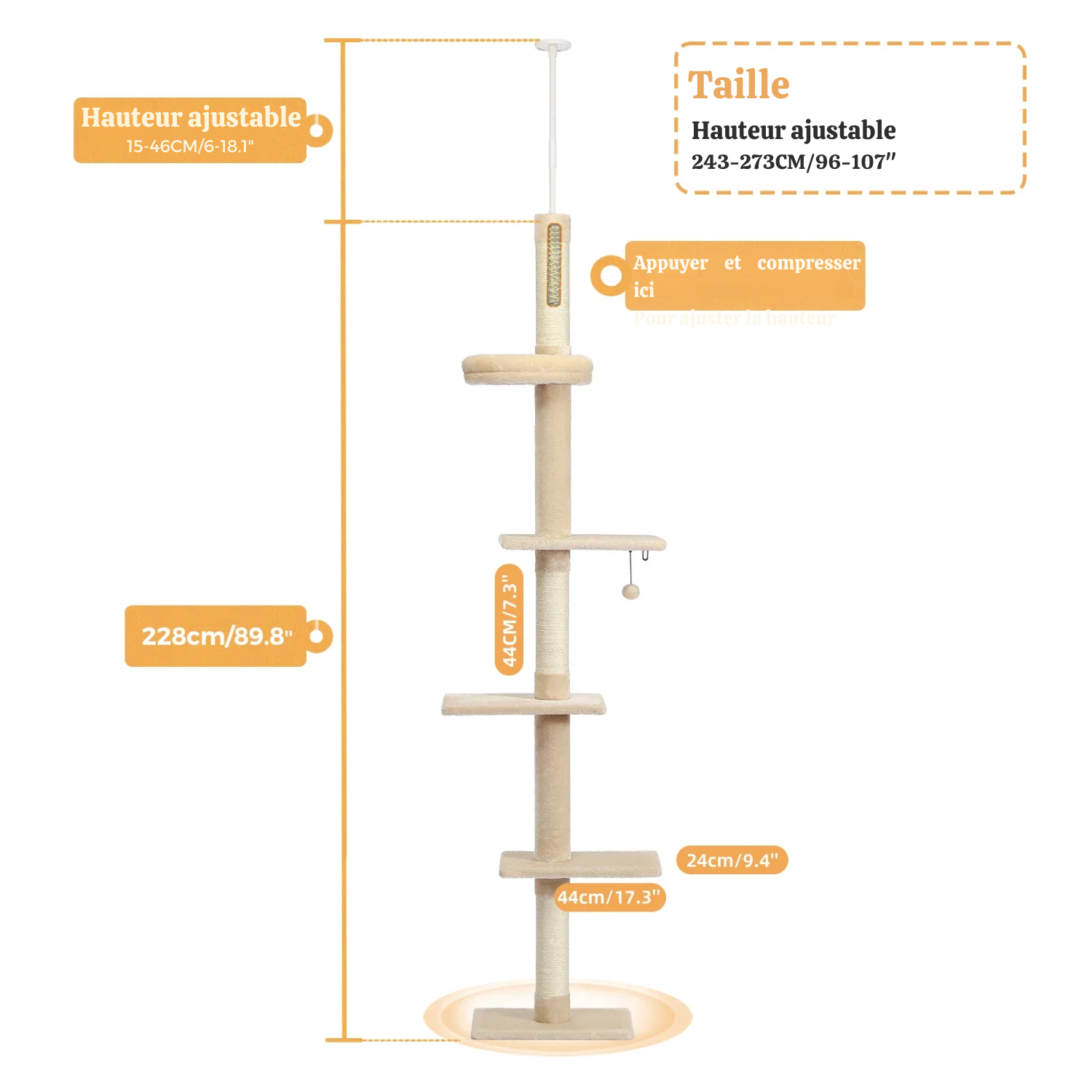 Arbre à chat plafond XXL géant - sans perçage, hamac spacieux et griffoirs sisal naturel