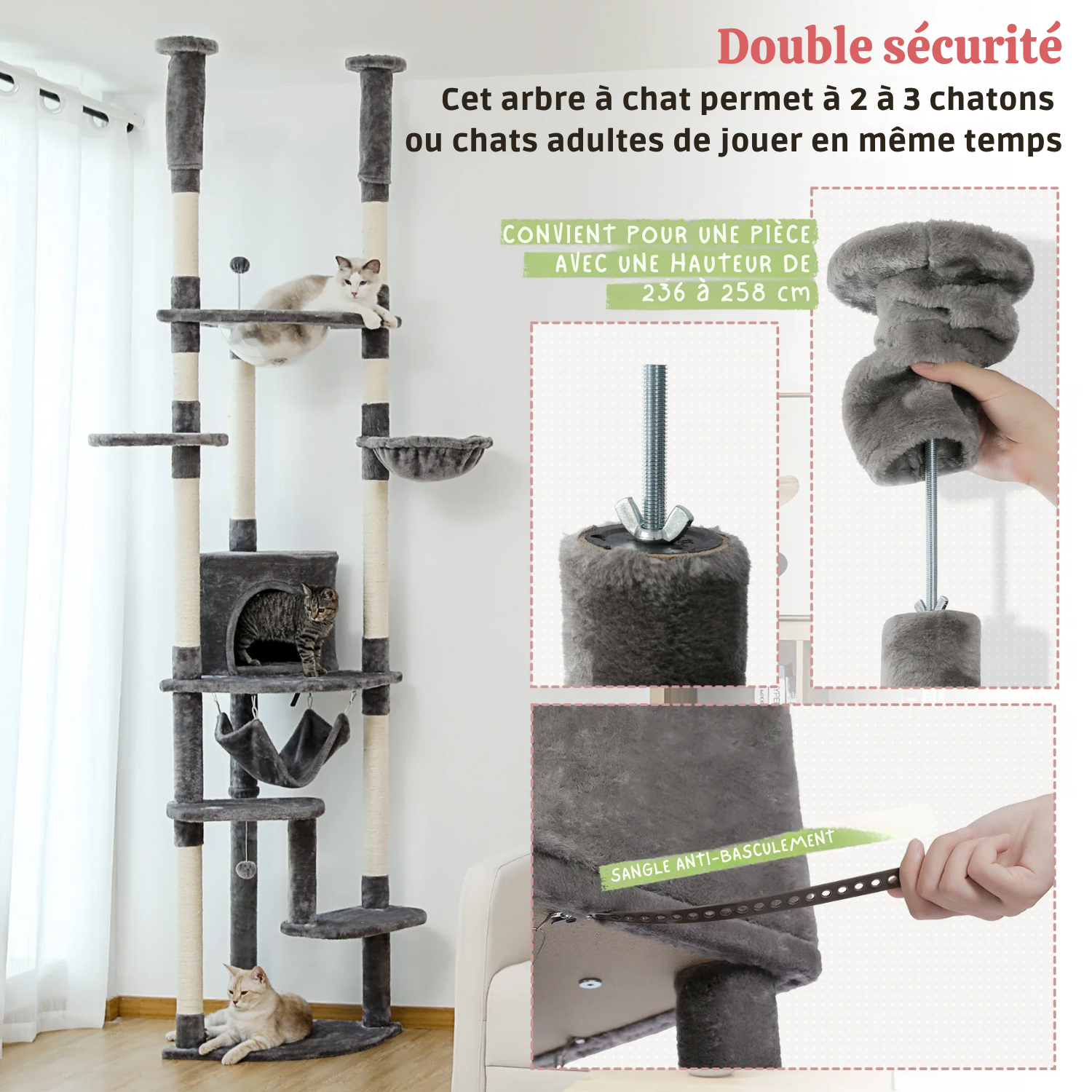 (faire photo) Arbre à Chat Extensible Sol-Plafond - 7 Espaces Repos, 9 Griffoirs Sisal, Lit Acrylique Panoramique - Bois Massif