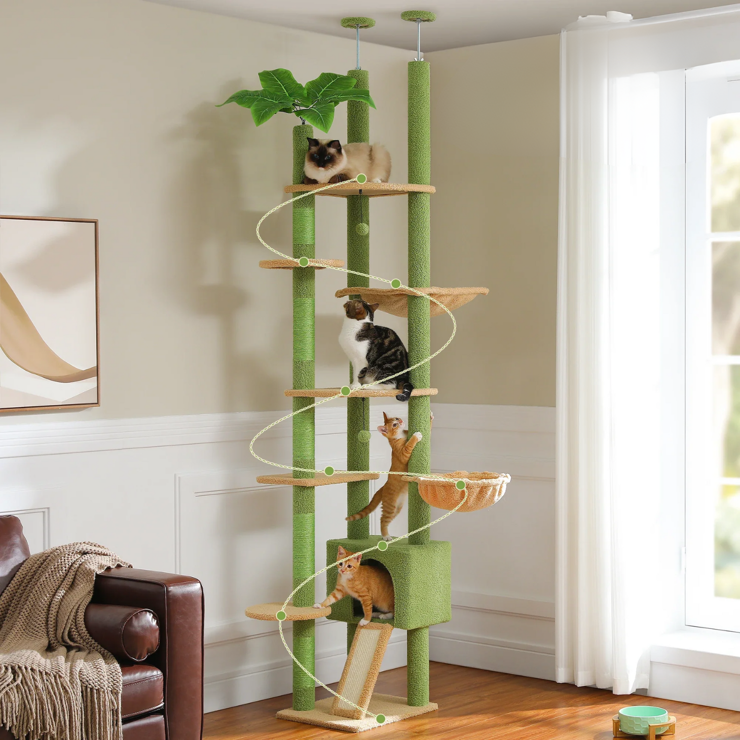 Arbre à chat plafond XXL géant cactus extensible - sans perçage, griffoirs sisal et multi-niveaux