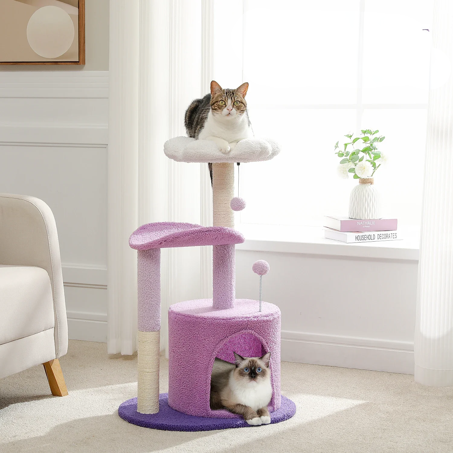 Arbre à chat fleur - design pétale, plateformes incurvées et griffoir Sisal