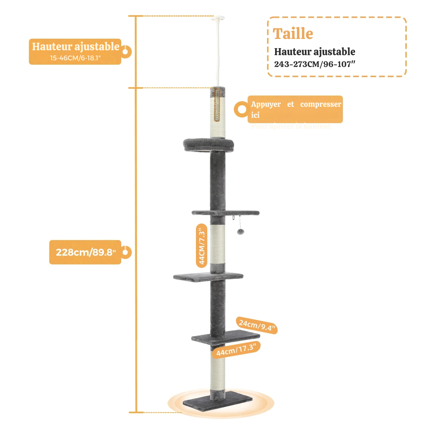 Arbre à chat plafond XXL géant - sans perçage, hamac spacieux et griffoirs sisal naturel