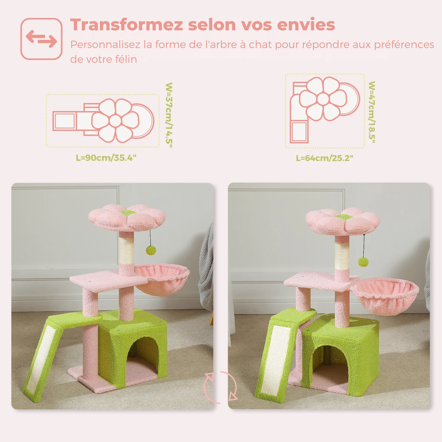 Arbre à chat fleur - condo douillet, hamac suspendu et rampe sisal