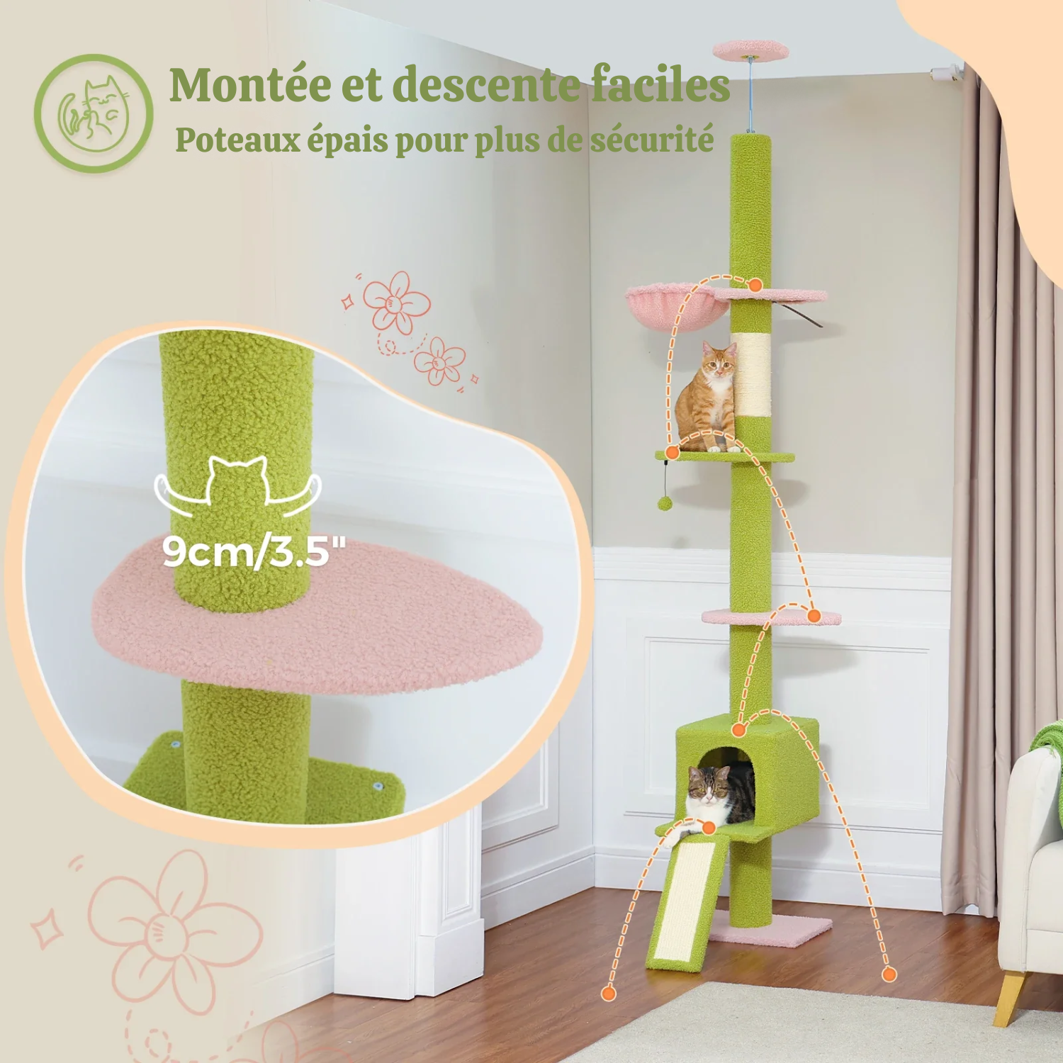 (faire photo) Arbre à Chat XXL Sol-Plafond 210-274cm - 5 Niveaux, Installation Sans Perçage, 5 Coloris Disponibles - Grands Chats