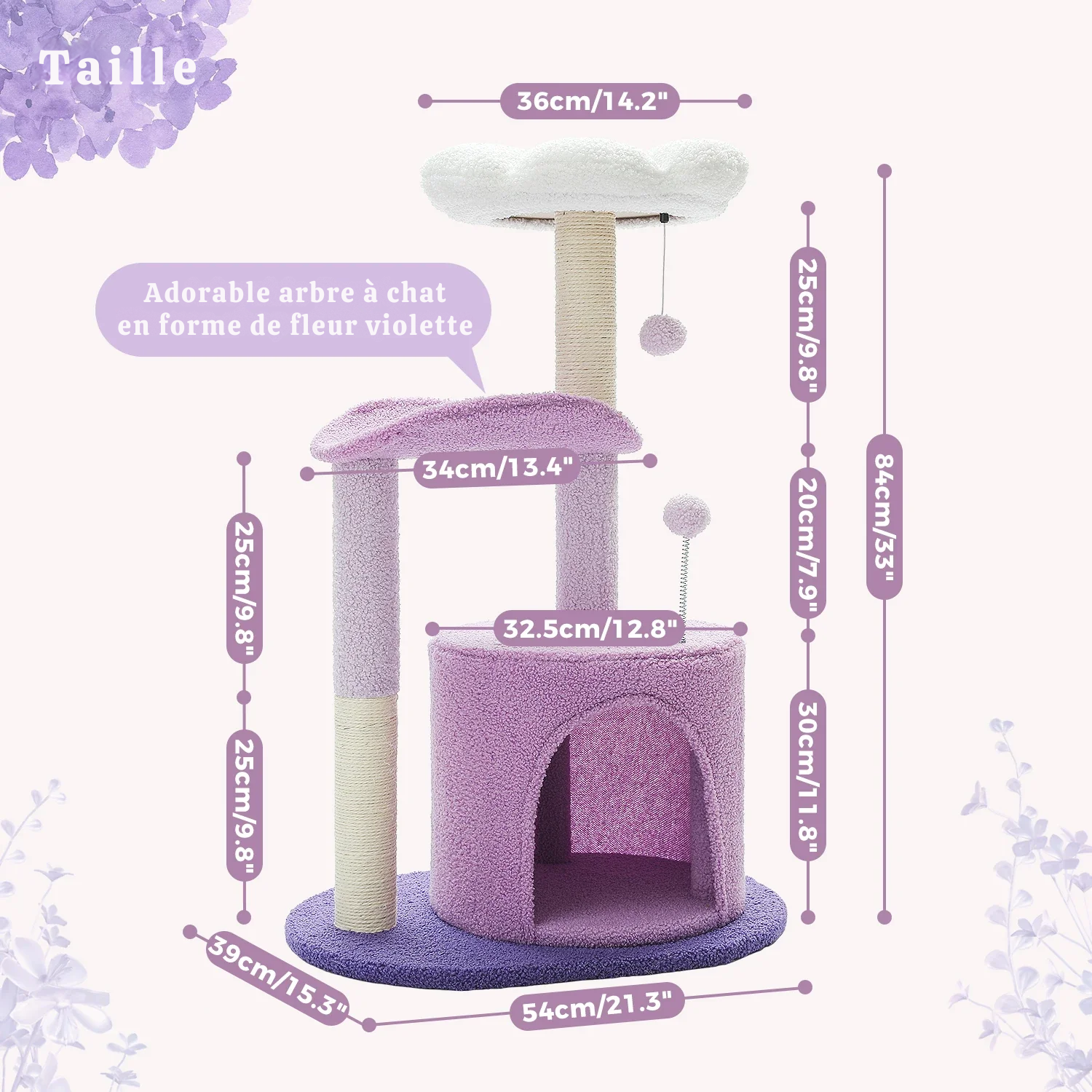 Arbre à chat fleur - design pétale, plateformes incurvées et griffoir Sisal
