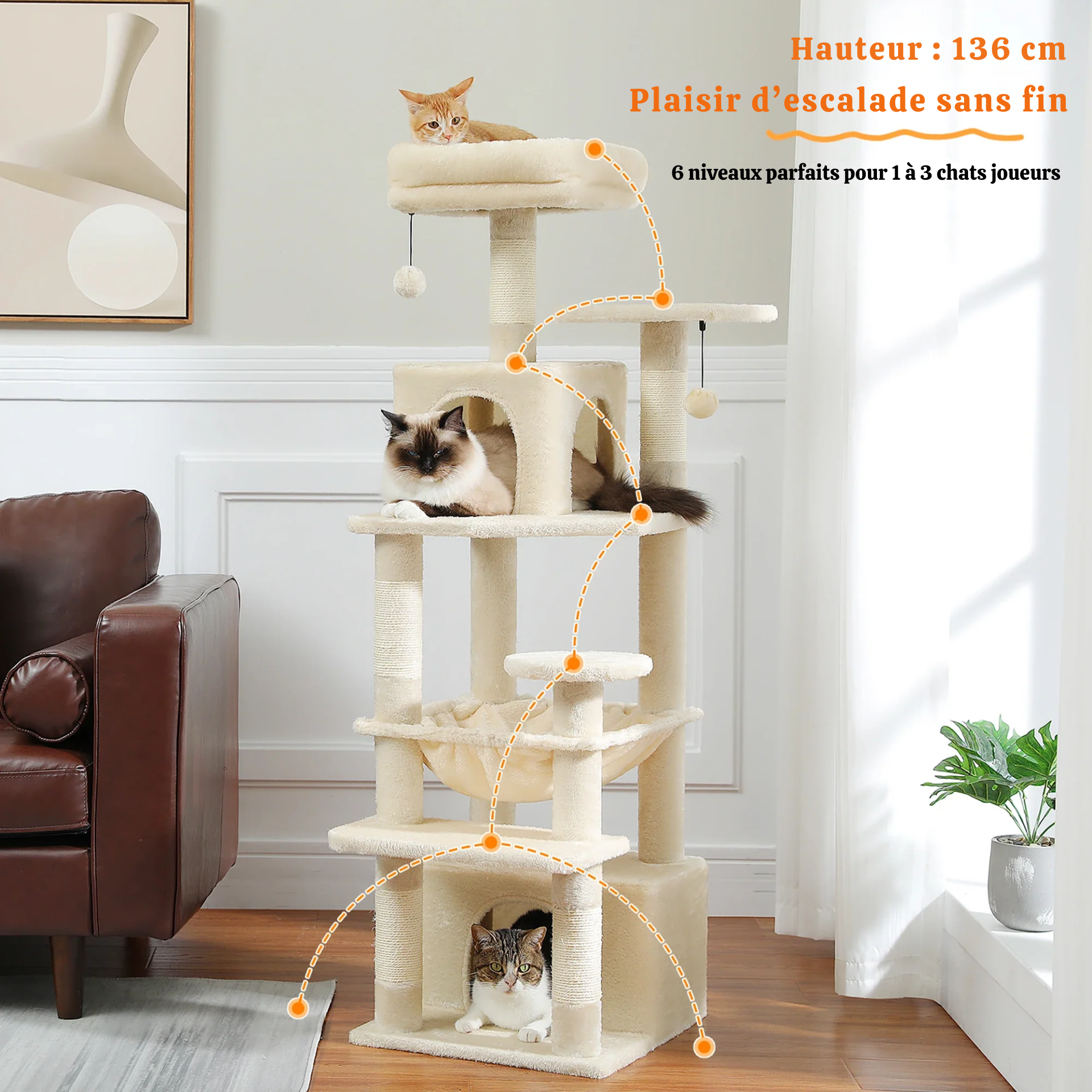 Arbre à chat XXL – hamac, niches et perchoirs pour petits espaces