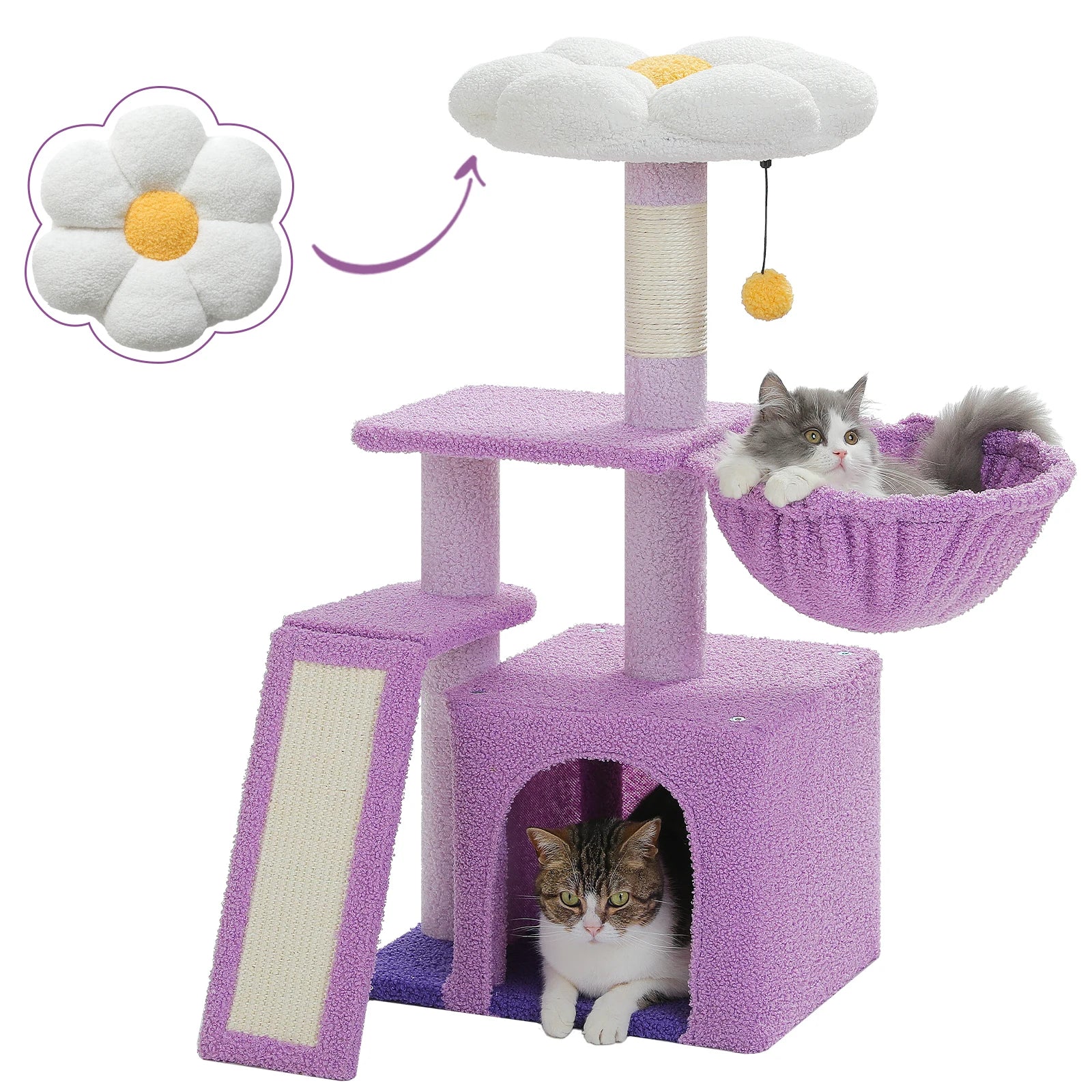 Arbre à chat fleur - condo douillet, hamac suspendu et rampe sisal