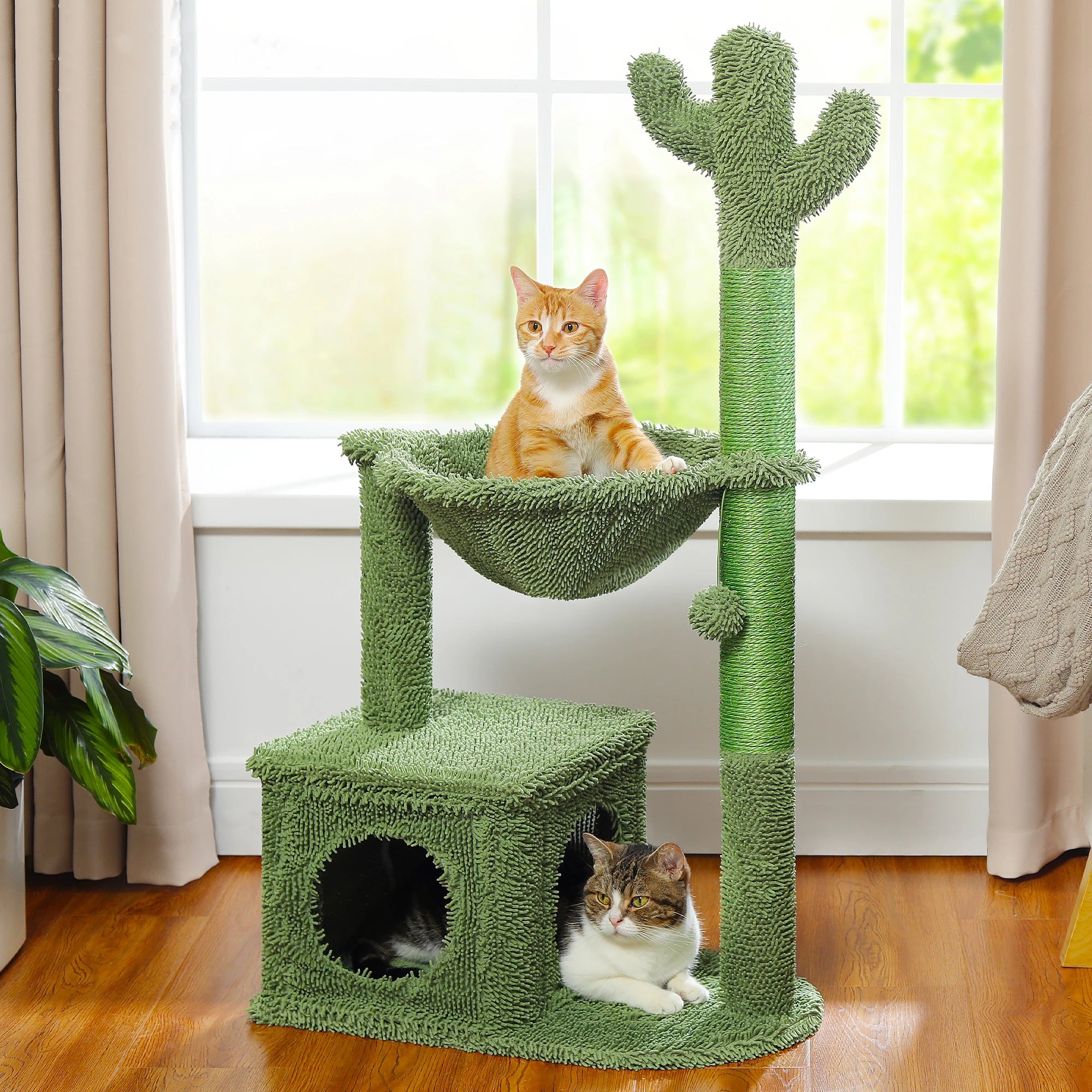 Arbre à chat cactus vert - design original, condo circulaire et hamac métallique