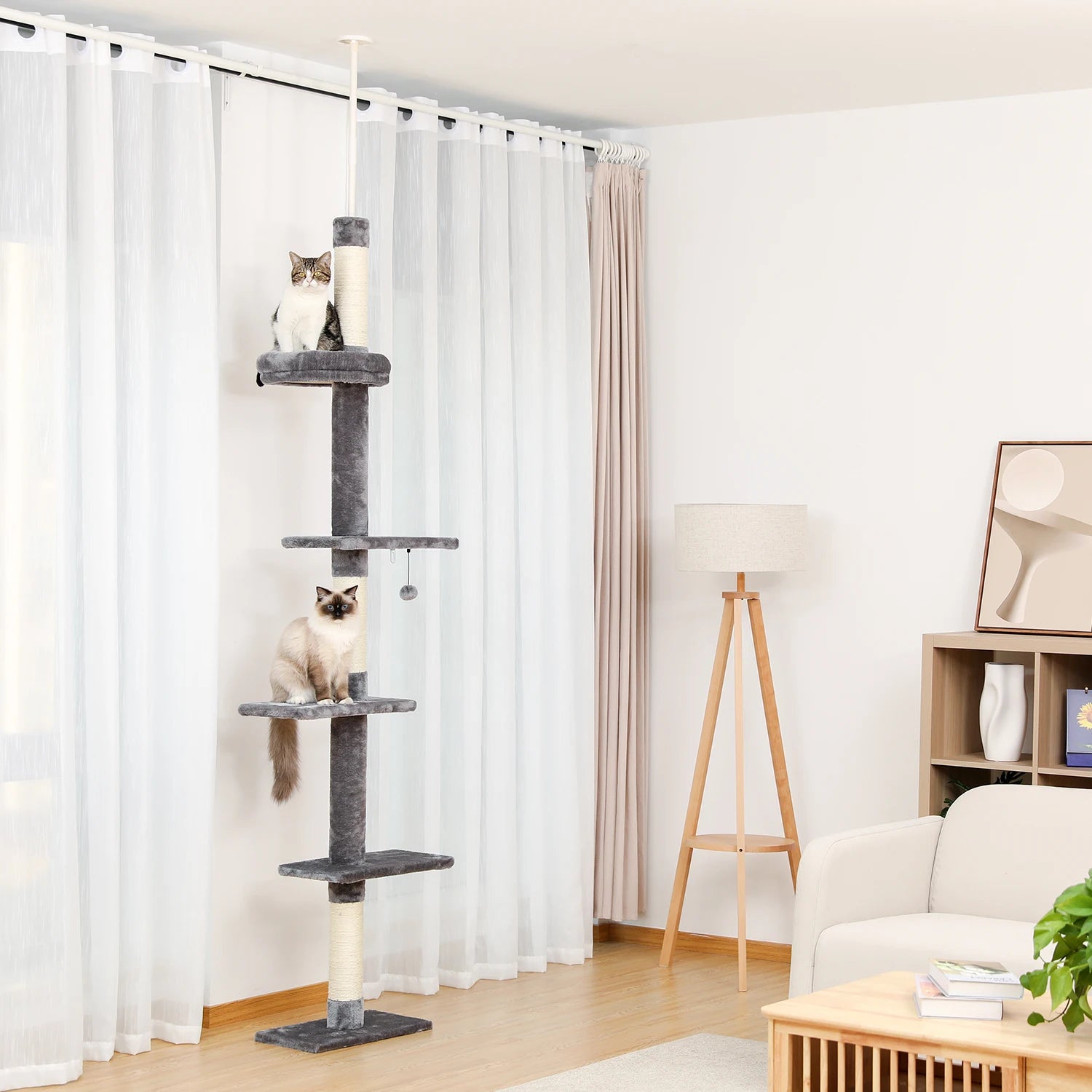 Arbre à chat plafond XXL géant - sans perçage, hamac spacieux et griffoirs sisal naturel