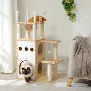 Arbre à chat petit 4 niveaux avec perchoir - niche double, griffoirs sisal - patins antidérapants