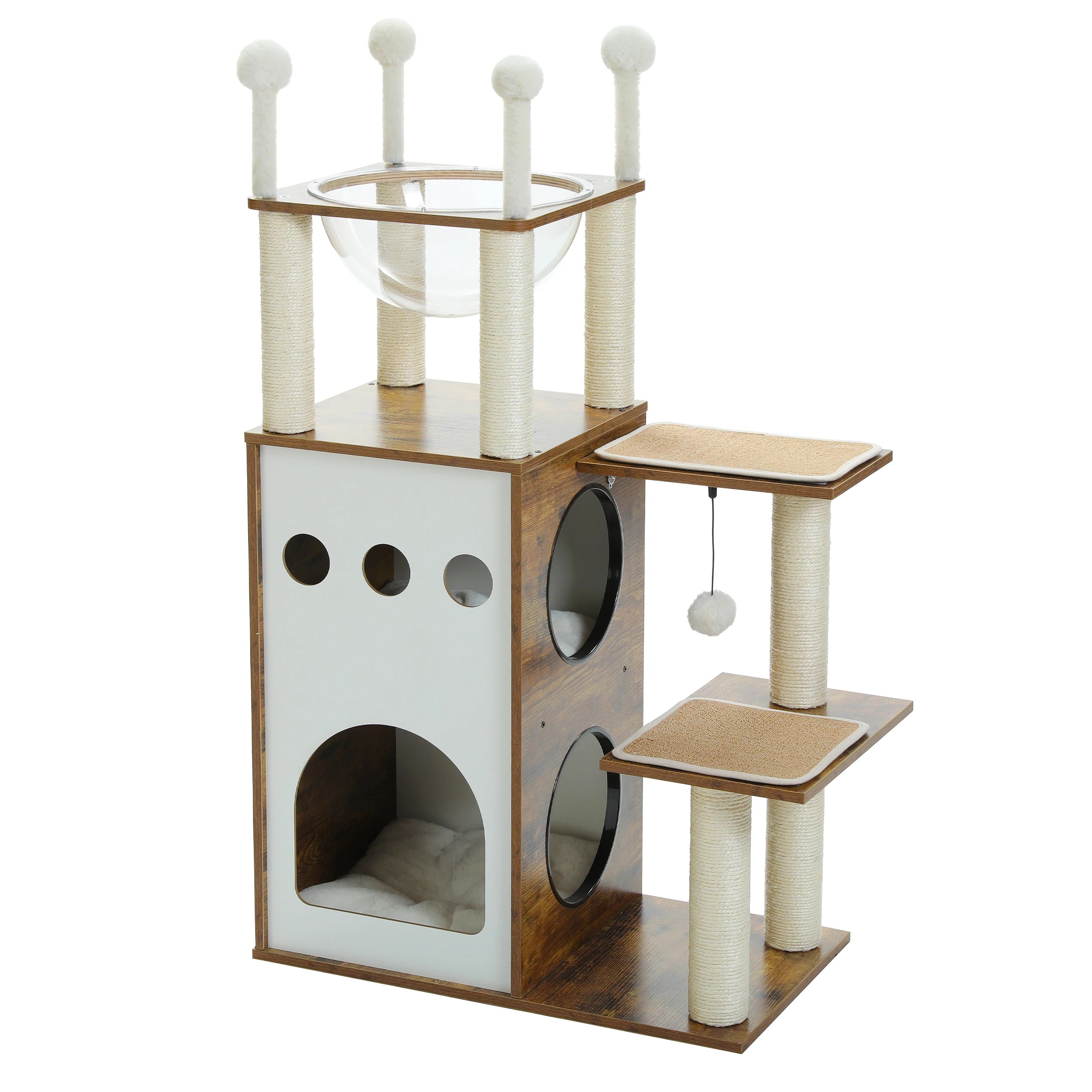 Arbre à chat petit 4 niveaux avec perchoir - niche double, griffoirs sisal - patins antidérapants