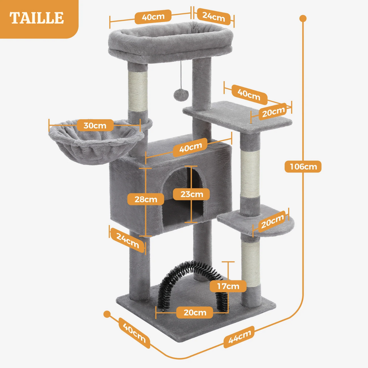 Arbre à Chat Modulable 106-143cm - Brosse Auto-Nettoyante, Condo Douillet, Griffoirs Sisal - 3 Chats Maximum