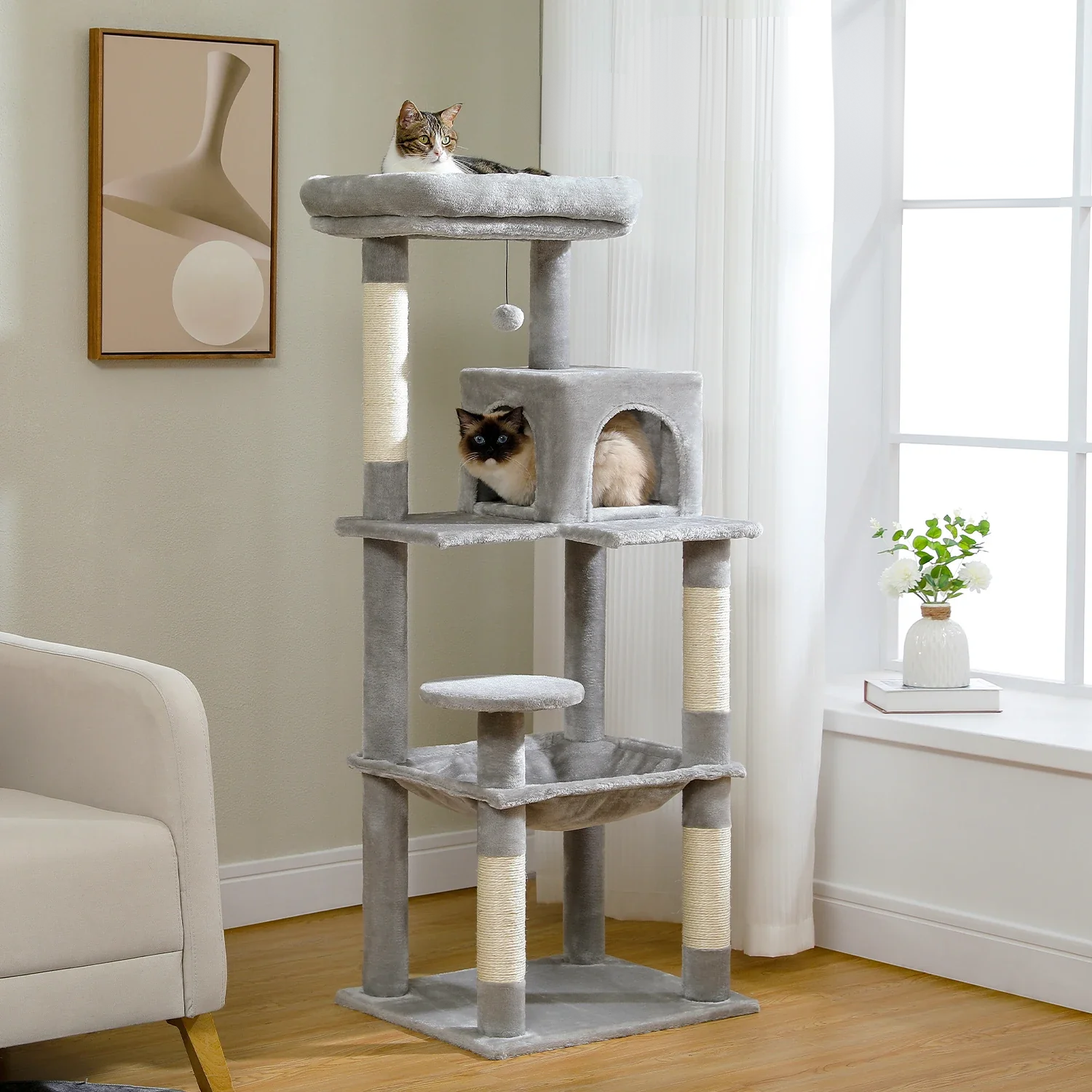 Arbre à Chat Modulable 106-143cm - Brosse Auto-Nettoyante, Condo Douillet, Griffoirs Sisal - 3 Chats Maximum