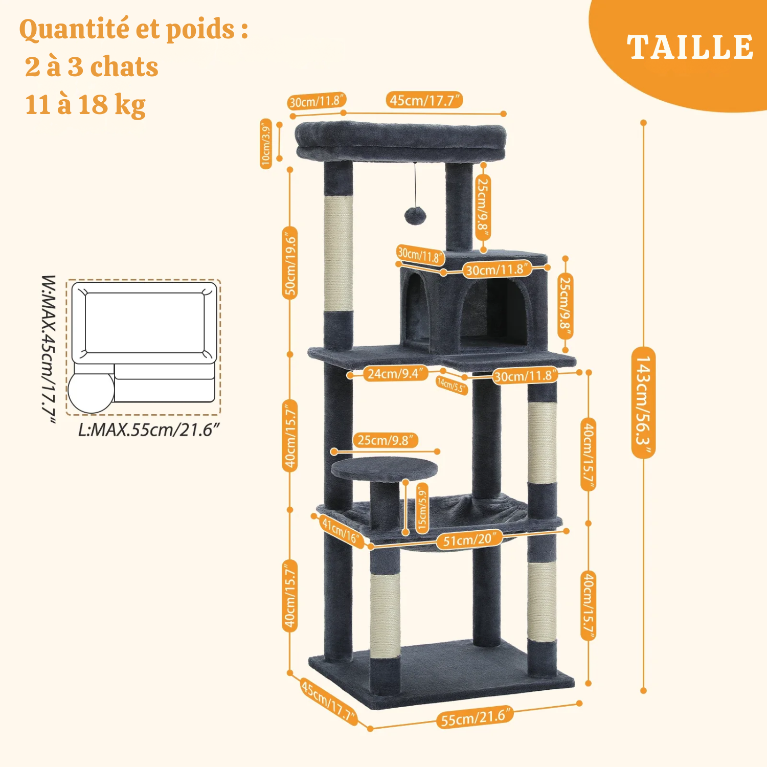 Arbre à Chat Modulable 106-143cm - Brosse Auto-Nettoyante, Condo Douillet, Griffoirs Sisal - 3 Chats Maximum