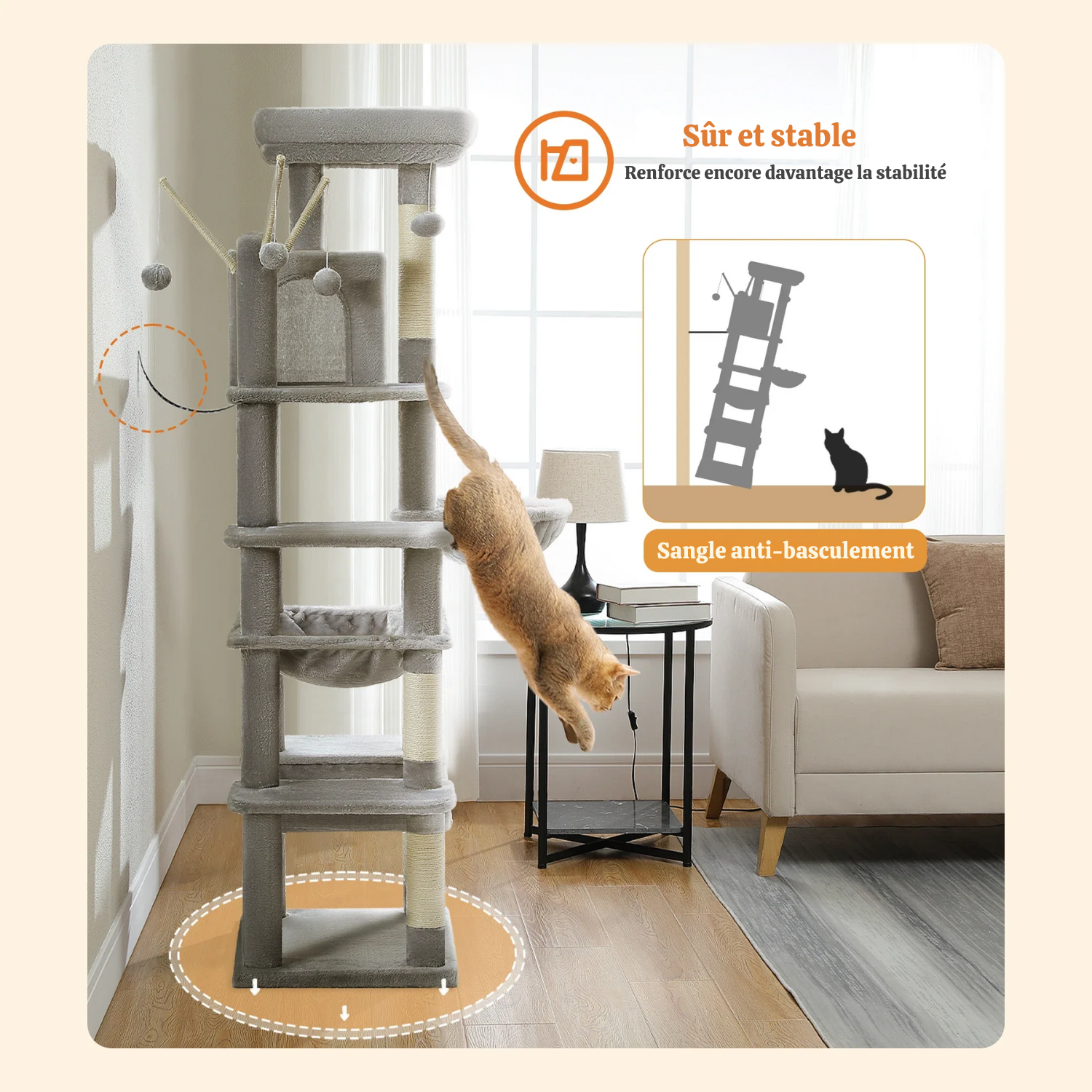 Arbre à Chat XXL - 7 Niveaux 173cm - Grand Hamac 50x40cm, Condo Spacieux et 5 Griffoirs Sisal - Capacité 9kg