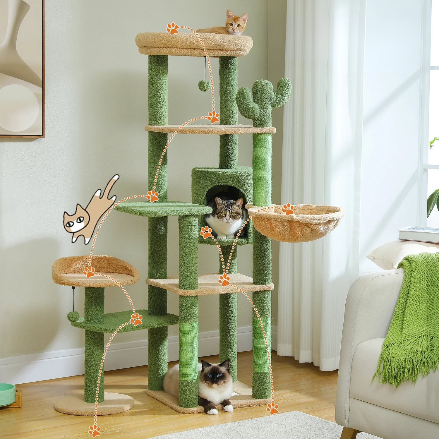 Arbre à Chat XXL - 7 Niveaux 173cm - Grand Hamac 50x40cm, Condo Spacieux et 5 Griffoirs Sisal - Capacité 9kg