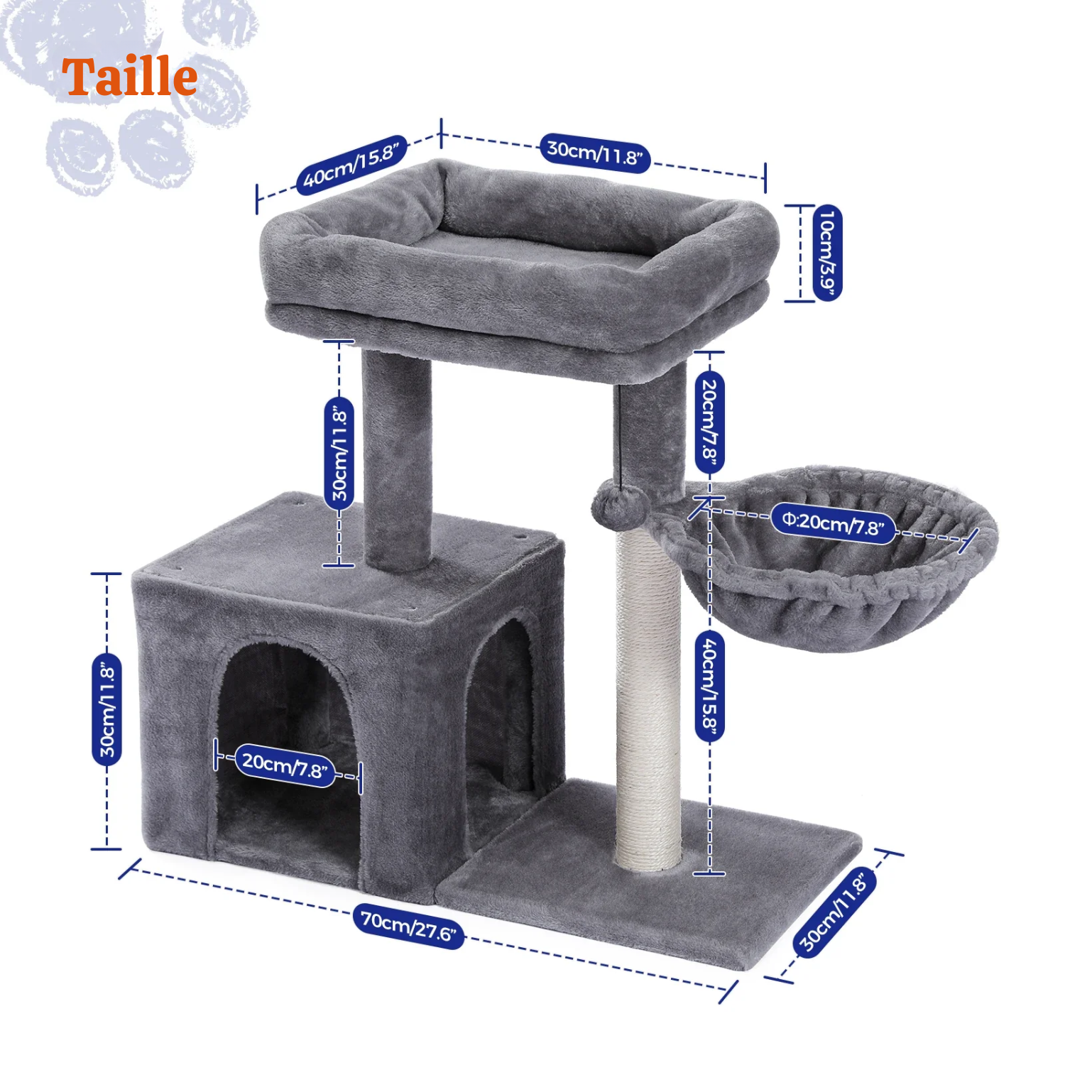 Arbre à Chat Compact 80cm pour Chatons - Plateforme Sécurisée 40x30cm, Condo Douillet et Hamac Profond - Gris