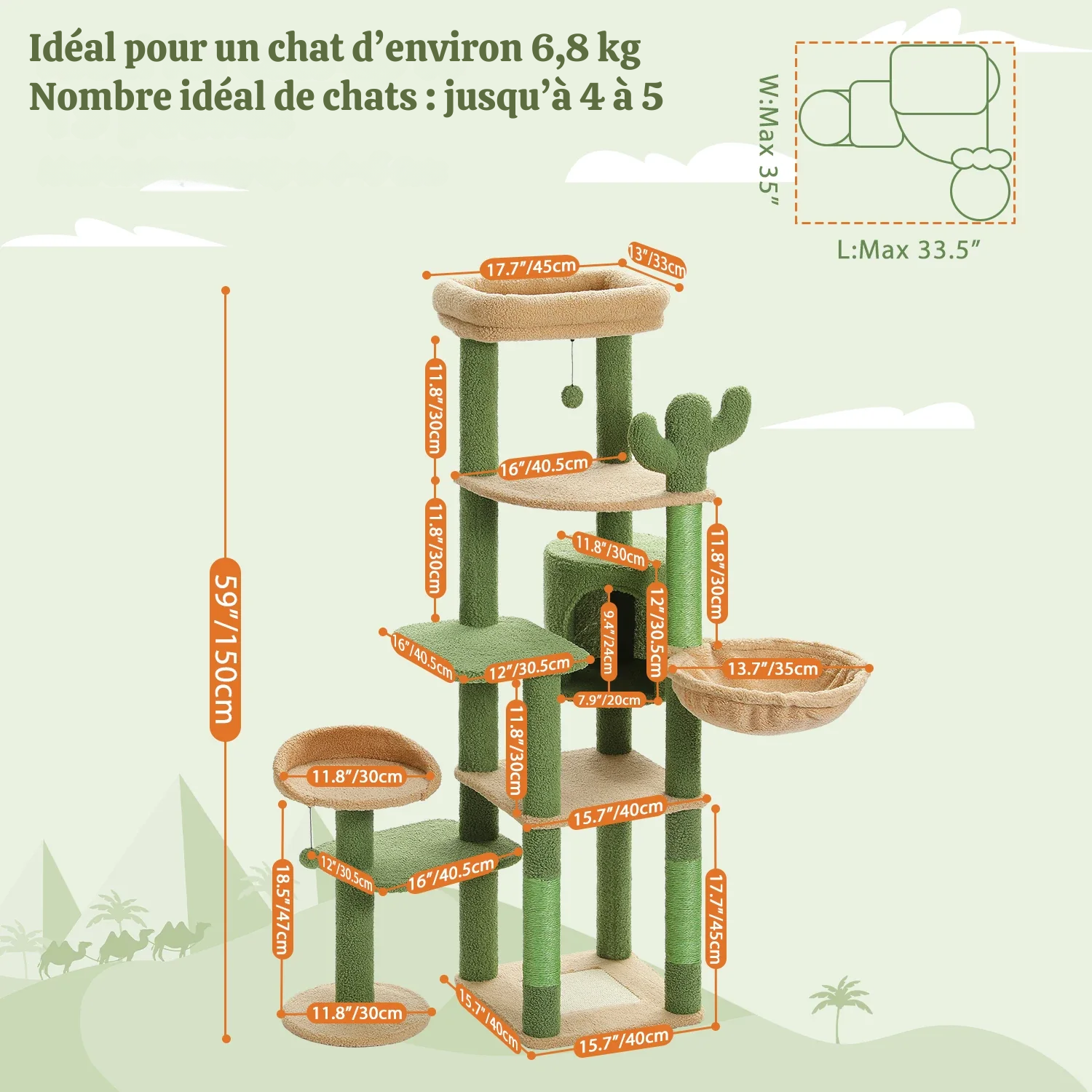 Arbre à Chat XXL - 7 Niveaux 173cm - Grand Hamac 50x40cm, Condo Spacieux et 5 Griffoirs Sisal - Capacité 9kg