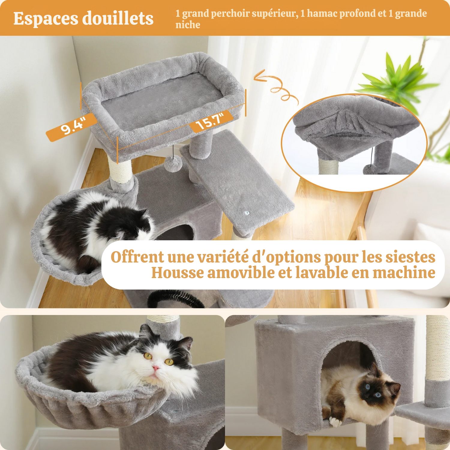 Arbre à Chat Modulable 106-143cm - Brosse Auto-Nettoyante, Condo Douillet, Griffoirs Sisal - 3 Chats Maximum