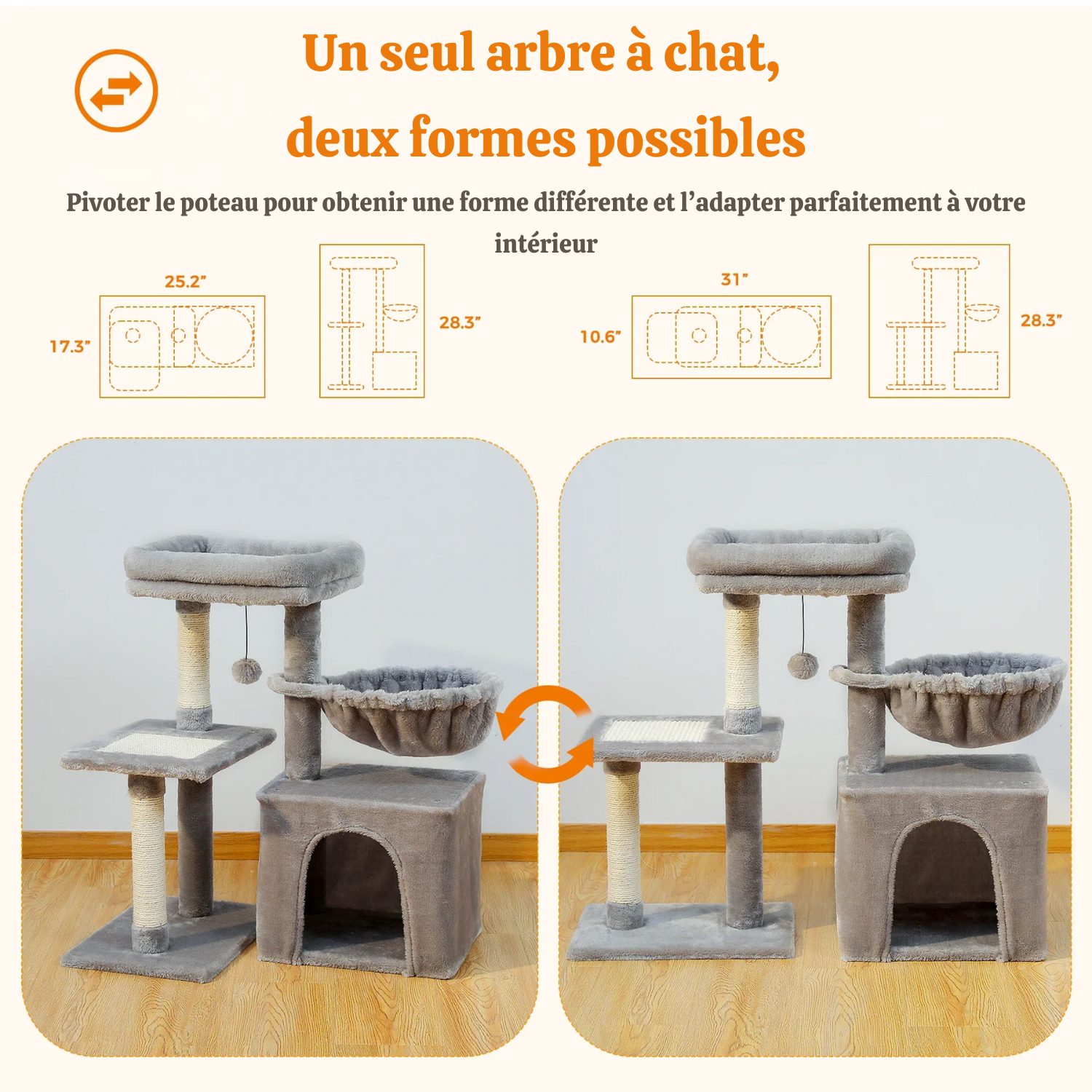 Arbre à Chat Modulable 73cm : Design Flexible, Base Amovible, Compact