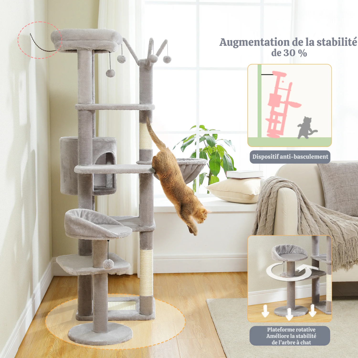 Arbre à Chat XXL - 7 Niveaux 173cm - Grand Hamac 50x40cm, Condo Spacieux et 5 Griffoirs Sisal - Capacité 9kg