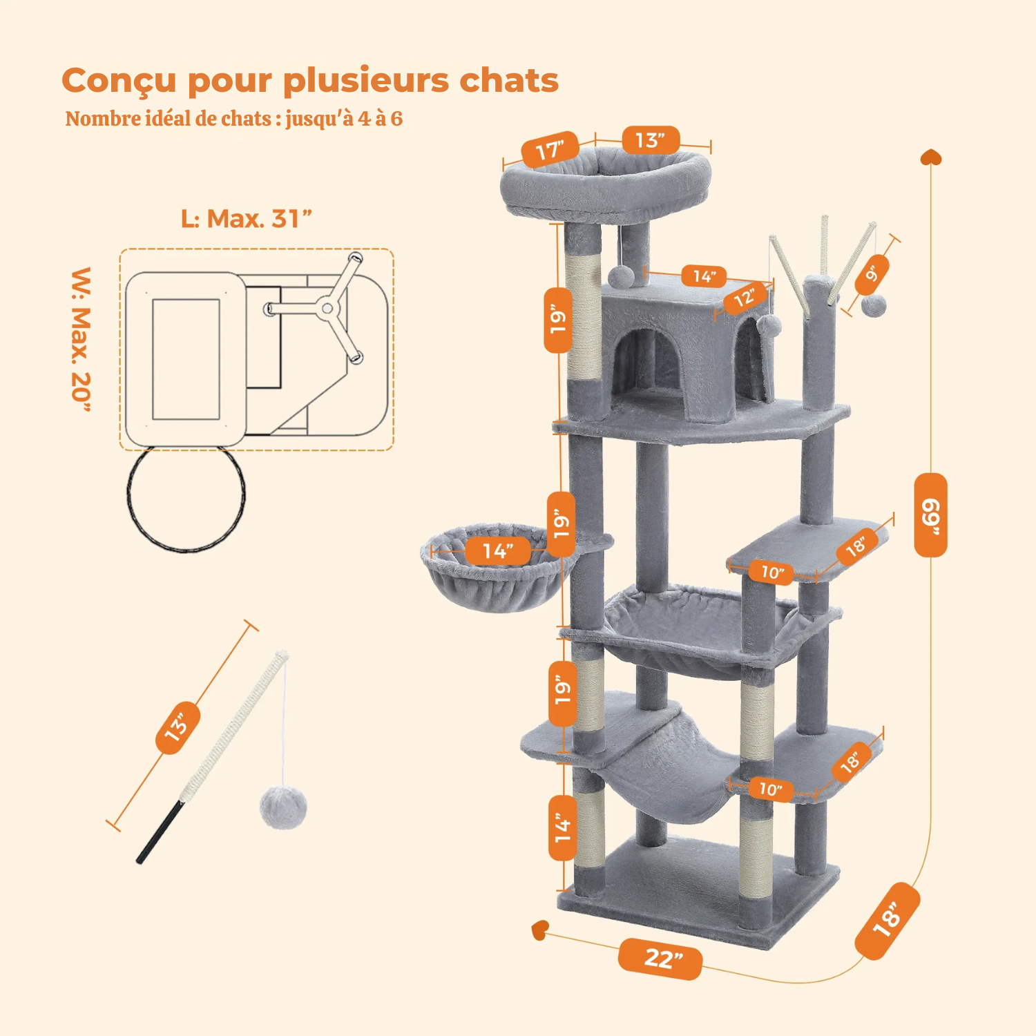 Arbre à Chat XXL - 7 Niveaux 173cm - Grand Hamac 50x40cm, Condo Spacieux et 5 Griffoirs Sisal - Capacité 9kg