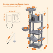 Arbre à Chat XXL - 7 Niveaux 173cm - Grand Hamac 50x40cm, Condo Spacieux et 5 Griffoirs Sisal - Capacité 9kg