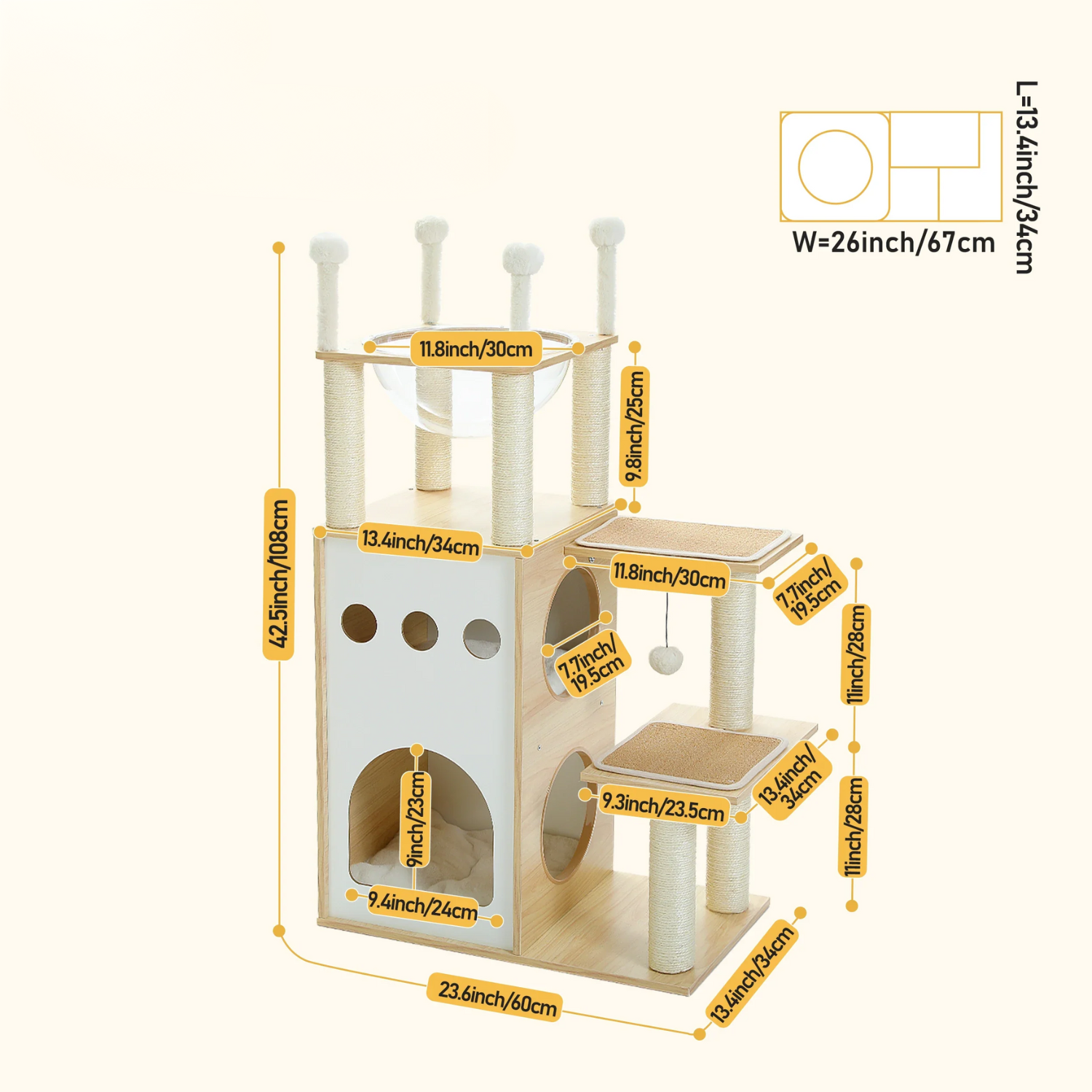 Arbre à Chat 4 Niveaux avec Perchoir Capsule - Base Épaisse 2 Pouces, Niche Double, Griffoirs Sisal - Patins Antidérapants