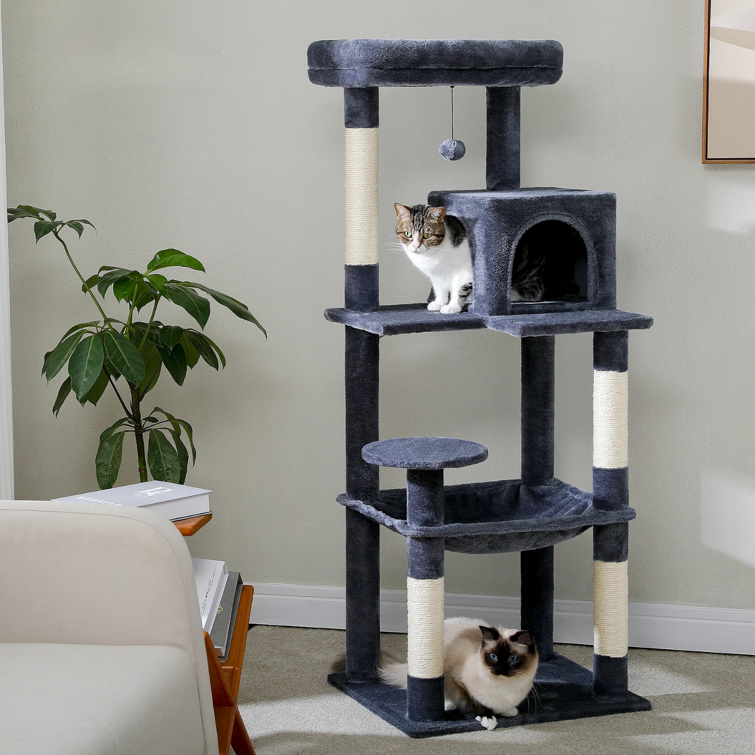 Arbre à Chat Modulable 106-143cm - Brosse Auto-Nettoyante, Condo Douillet, Griffoirs Sisal - 3 Chats Maximum